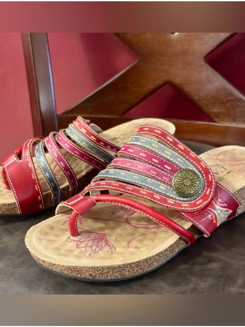 L’Artiste SpringStep Red Leather Sandal Claudia Cork wedge size 38 (US 8) EUC.